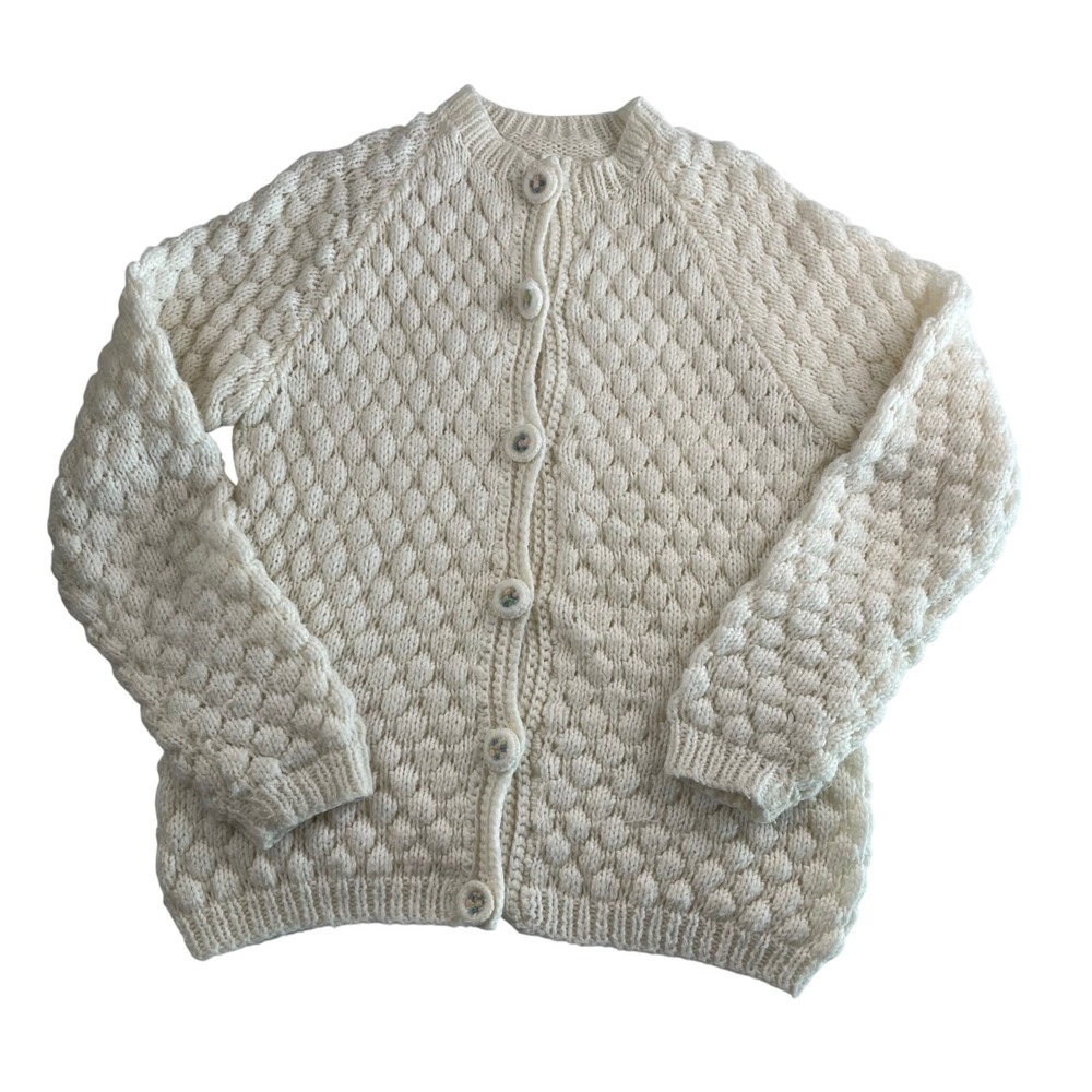 Cream Handmade Knit Bubble Stitch Cardigan Sweater Women's Medium - Picture 2 of 6